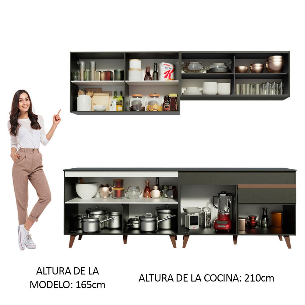 Cocina Integral Modular Reims Negro 240x210cm con Mesón de Madera Aglomerada Mdp sin Estufa con Un Cajón y con Trece Entrepaños - COCINAS | Bylmo
