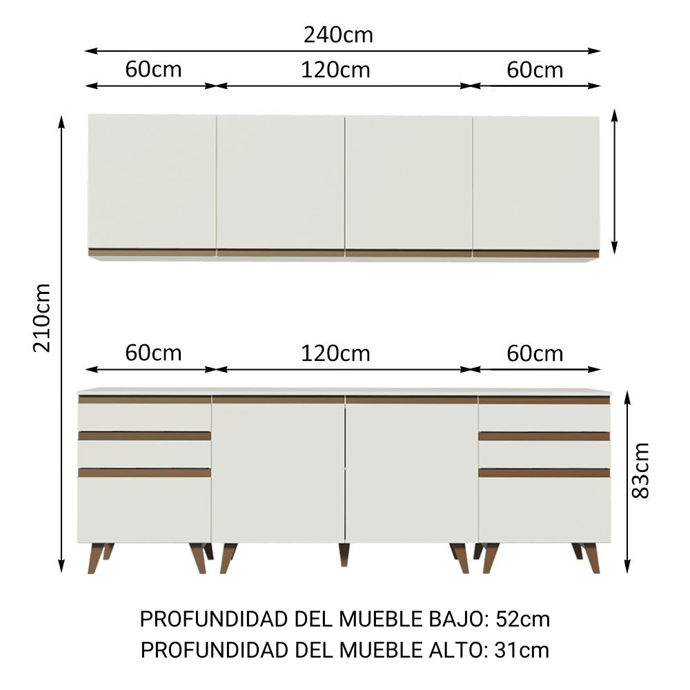 Cocina Integral Modular Reims Blanco 240x210cm con Mesón de Madera Aglomerada Mdp sin Estufa con Seis Cajones y con Once Entrepaños - COCINAS | Bylmo