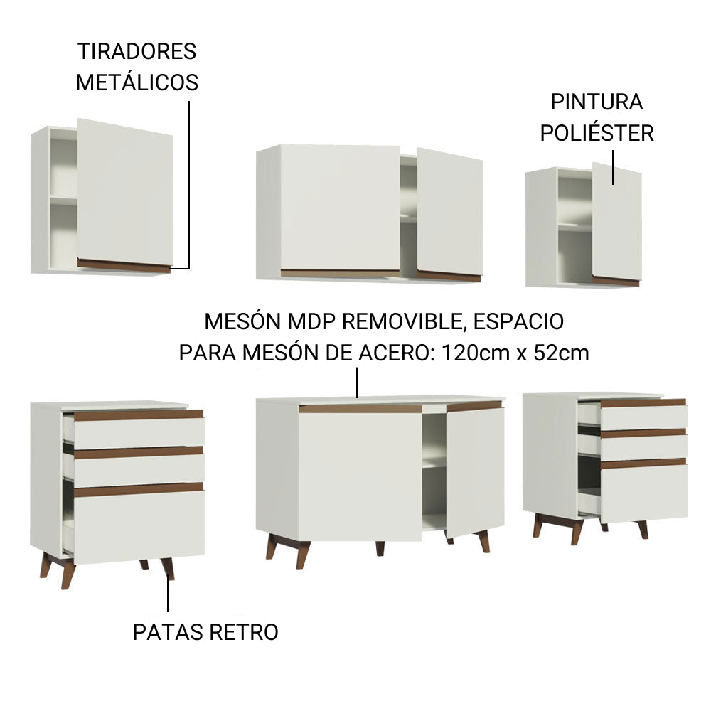 Cocina Integral Modular Reims Blanco 240x210cm con Mesón de Madera Aglomerada Mdp sin Estufa con Seis Cajones y con Once Entrepaños - COCINAS | Bylmo
