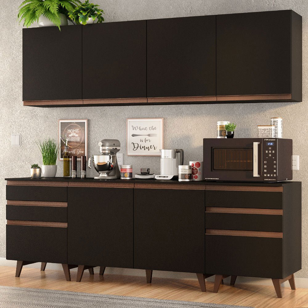 Cocina Integral Modular Reims Negro 240x210cm con Mesón de Madera Aglomerada Mdp sin Estufa con Seis Cajones y con Once Entrepaños - COCINAS | Bylmo