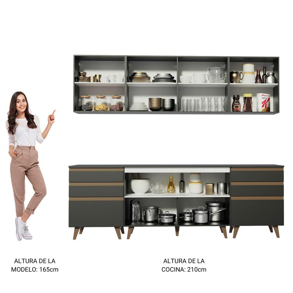 Cocina Integral Modular Reims Negro 240x210cm con Mesón de Madera Aglomerada Mdp sin Estufa con Seis Cajones y con Once Entrepaños - COCINAS | Bylmo