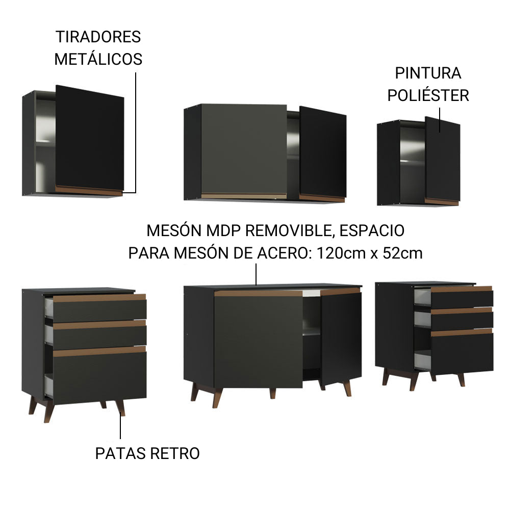 Cocina Integral Modular Reims Negro 240x210cm con Mesón de Madera Aglomerada Mdp sin Estufa con Seis Cajones y con Once Entrepaños - COCINAS | Bylmo