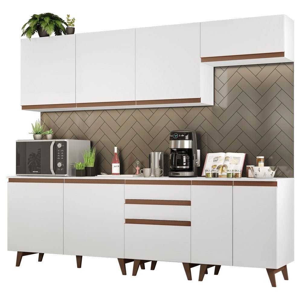 Cocina Integral Modular Reims Blanco 250x210cm con Mesón de Madera Aglomerada Mdp sin Estufa con Tres Cajones y con Doce Entrepaños - COCINAS | Bylmo