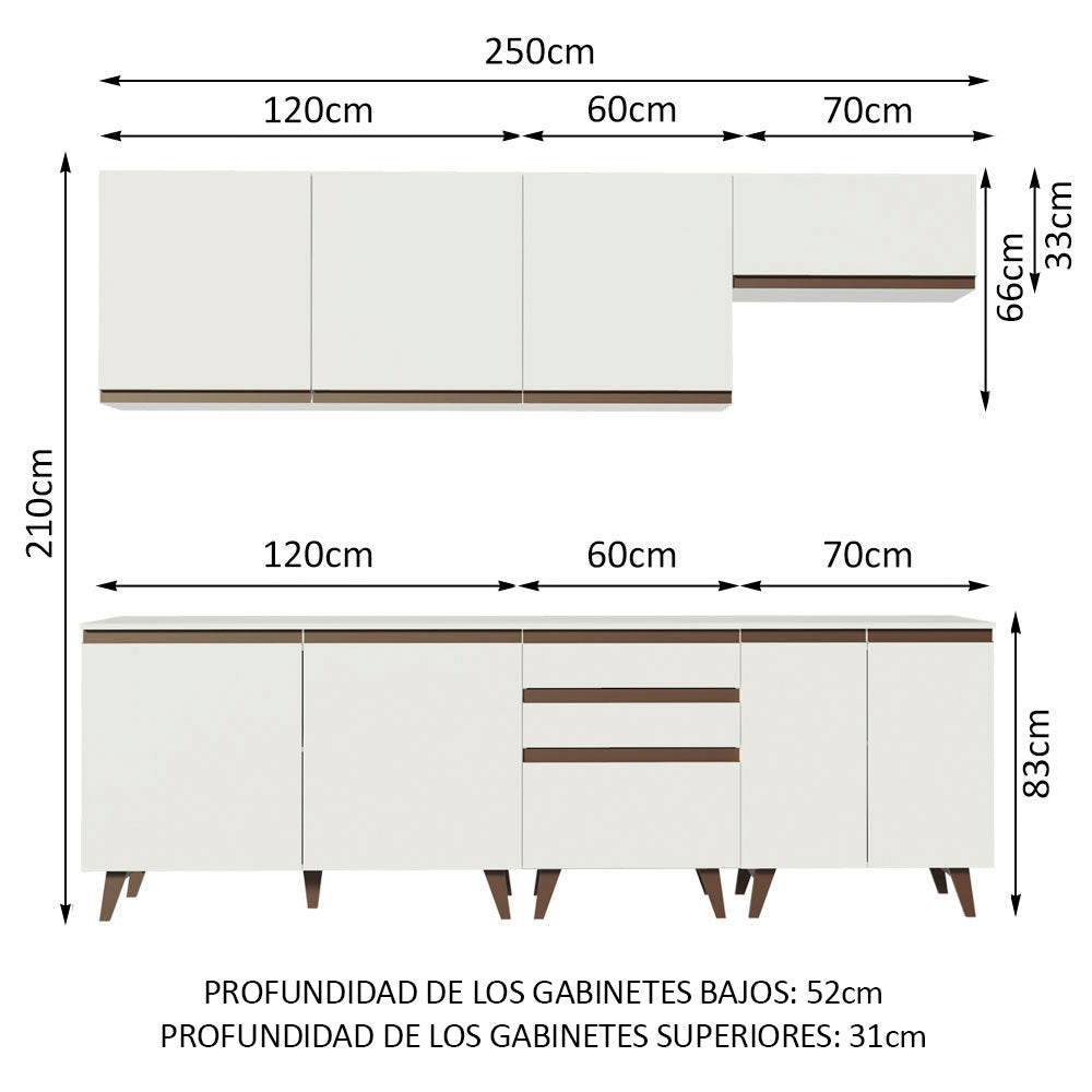 Cocina Integral Modular Reims Blanco 250x210cm con Mesón de Madera Aglomerada Mdp sin Estufa con Tres Cajones y con Doce Entrepaños - COCINAS | Bylmo