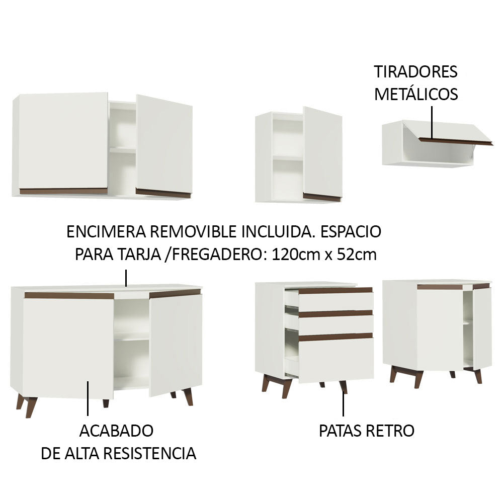 Cocina Integral Modular Reims Blanco 250x210cm con Mesón de Madera Aglomerada Mdp sin Estufa con Tres Cajones y con Doce Entrepaños - COCINAS | Bylmo