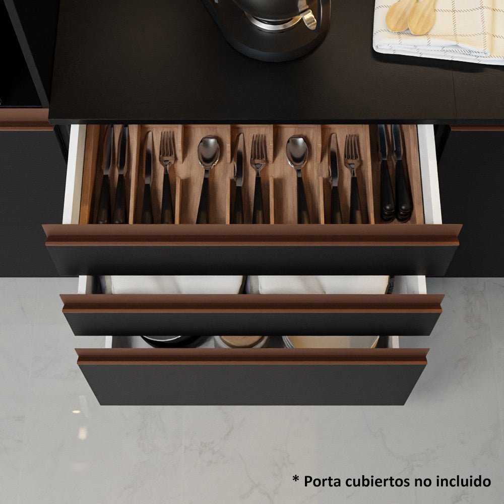 Cocina Integral Modular Reims Negro 250x210cm con Mesón de Madera Aglomerada Mdp sin Estufa con Tres Cajones y con Doce Entrepaños - COCINAS | Bylmo