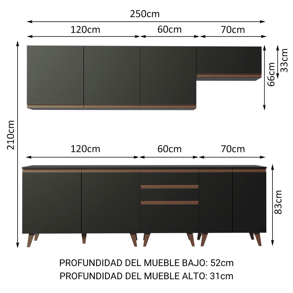 Cocina Integral Modular Reims Negro 250x210cm con Mesón de Madera Aglomerada Mdp sin Estufa con Tres Cajones y con Doce Entrepaños - COCINAS | Bylmo