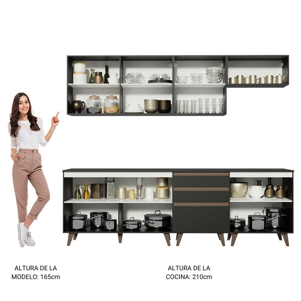 Cocina Integral Modular Reims Negro 250x210cm con Mesón de Madera Aglomerada Mdp sin Estufa con Tres Cajones y con Doce Entrepaños - COCINAS | Bylmo