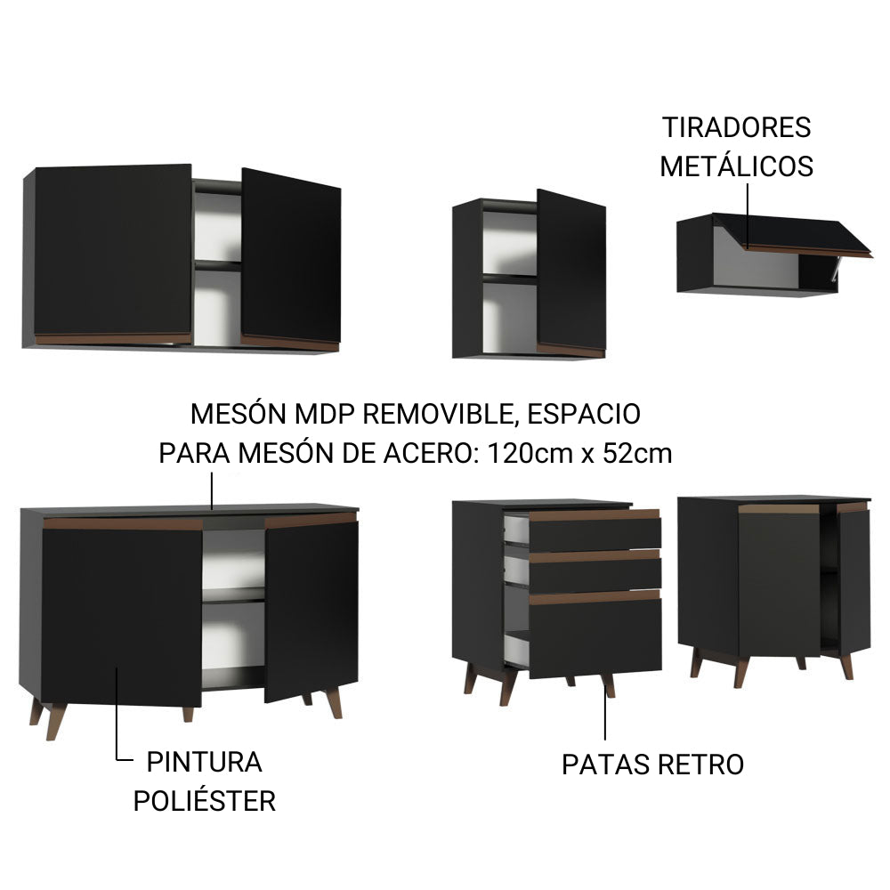 Cocina Integral Modular Reims Negro 250x210cm con Mesón de Madera Aglomerada Mdp sin Estufa con Tres Cajones y con Doce Entrepaños - COCINAS | Bylmo