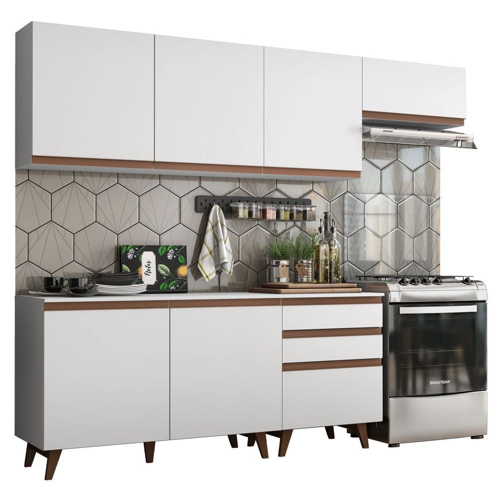 Cocina Integral Modular Reims Blanco 250x210cm con Mesón de Madera Aglomerada Mdp sin Estufa con Tres Cajones y con Diez Entrepaños - COCINAS | Bylmo