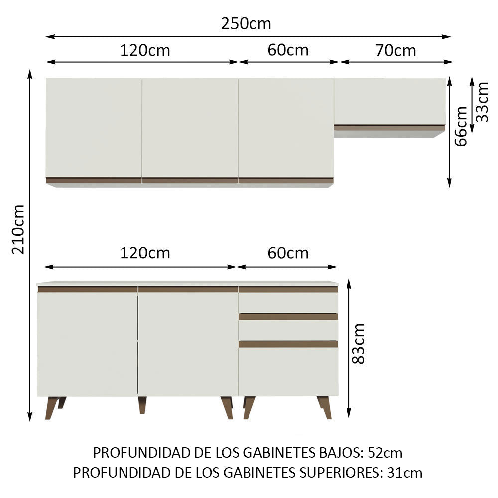 Cocina Integral Modular Reims Blanco 250x210cm con Mesón de Madera Aglomerada Mdp sin Estufa con Tres Cajones y con Diez Entrepaños - COCINAS | Bylmo