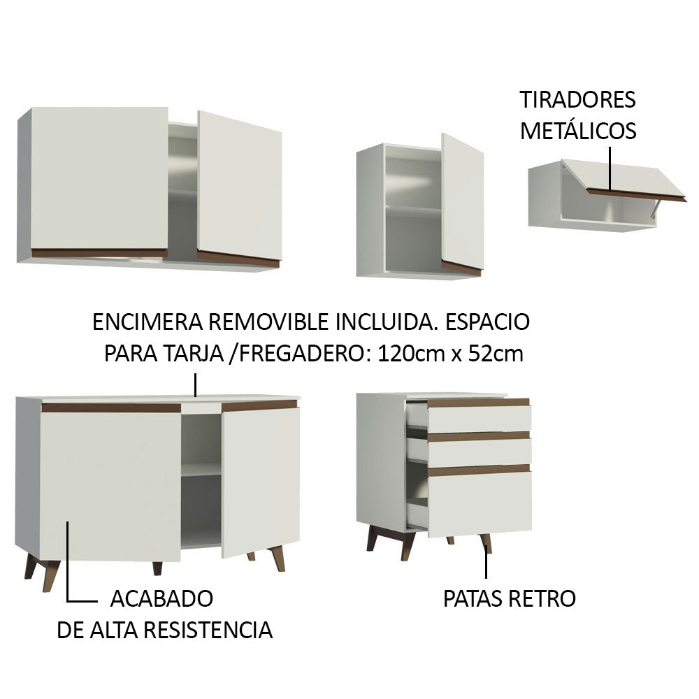 Cocina Integral Modular Reims Blanco 250x210cm con Mesón de Madera Aglomerada Mdp sin Estufa con Tres Cajones y con Diez Entrepaños - COCINAS | Bylmo