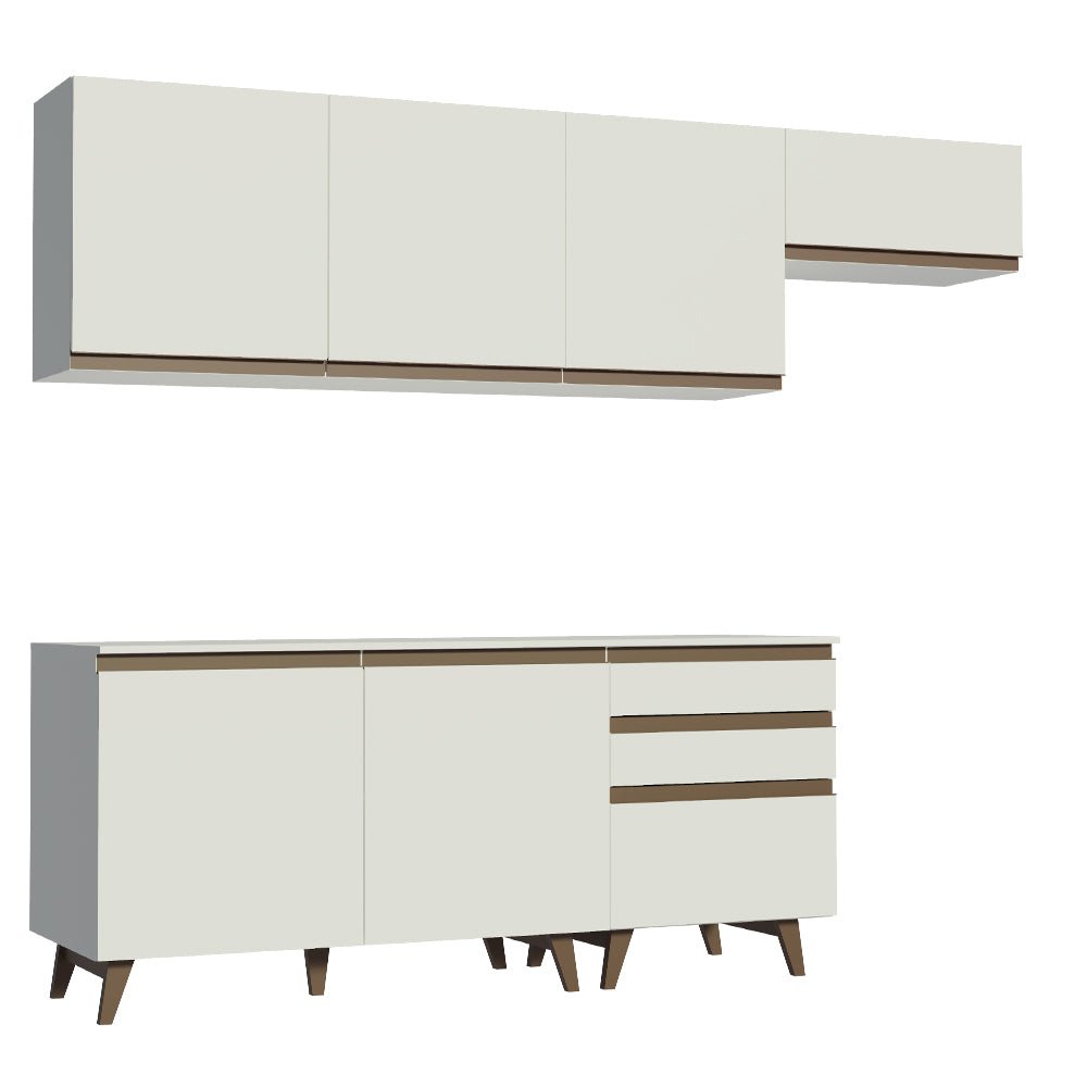 Cocina Integral Modular Reims Blanco 250x210cm con Mesón de Madera Aglomerada Mdp sin Estufa con Tres Cajones y con Diez Entrepaños - COCINAS | Bylmo