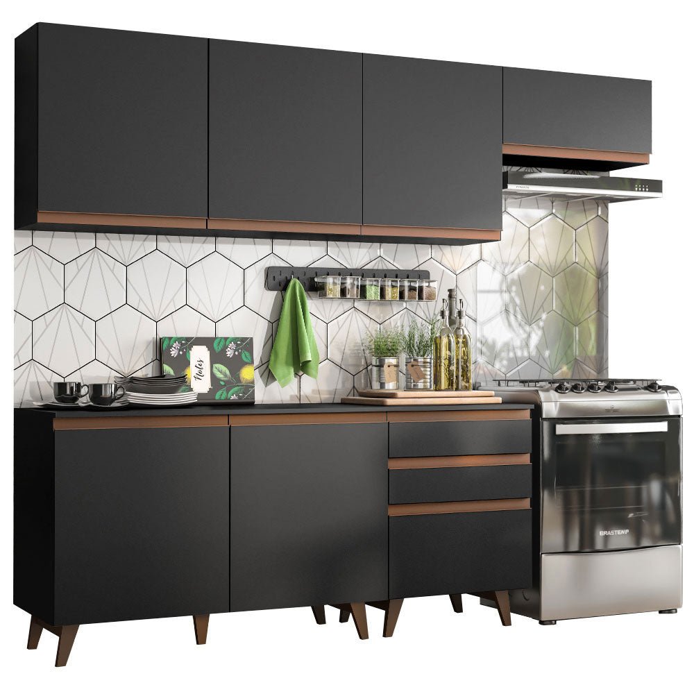 Cocina Integral Modular Reims Negro 250x210cm con Mesón de Madera Aglomerada Mdp sin Estufa con Tres Cajones y con Diez Entrepaños - COCINAS | Bylmo