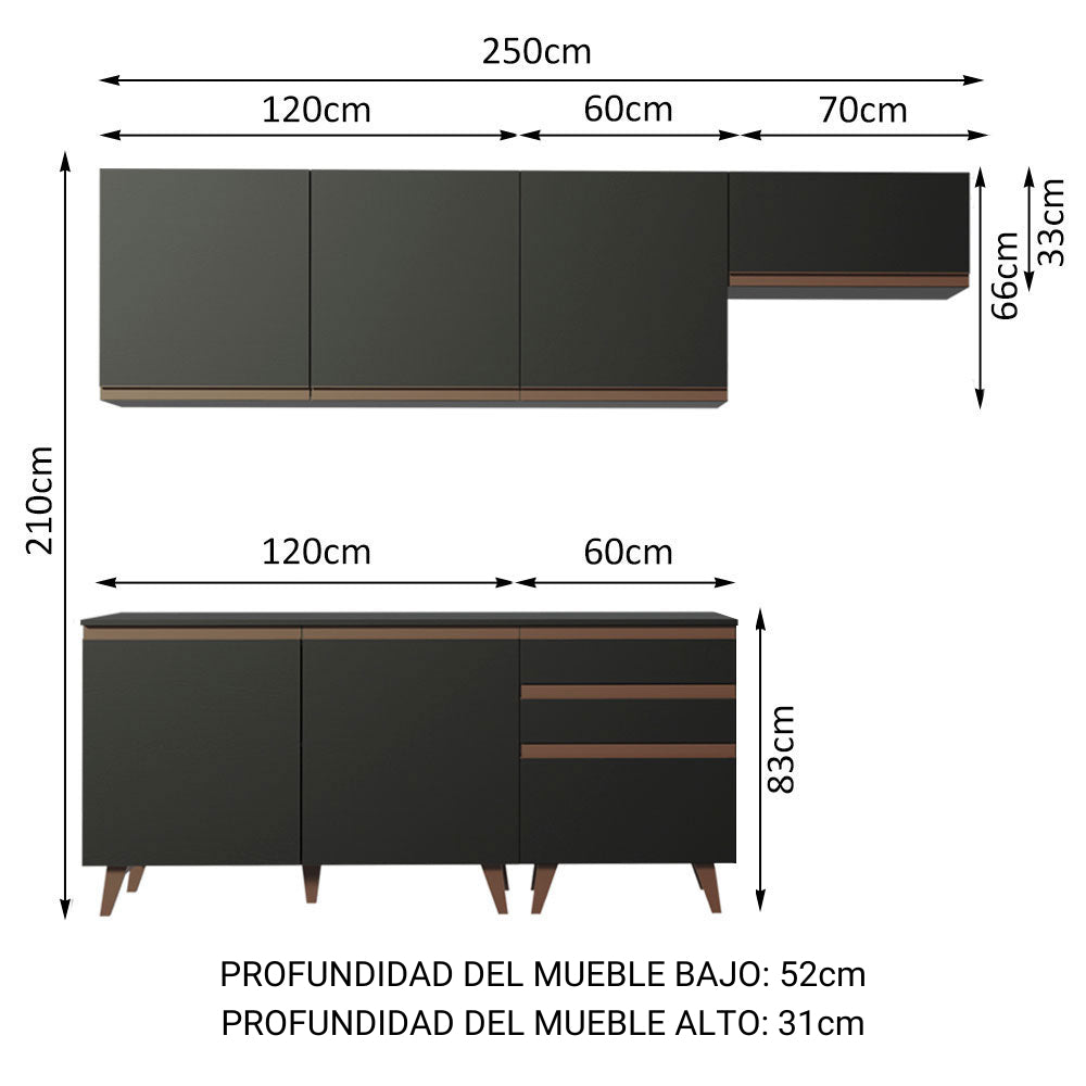 Cocina Integral Modular Reims Negro 250x210cm con Mesón de Madera Aglomerada Mdp sin Estufa con Tres Cajones y con Diez Entrepaños - COCINAS | Bylmo