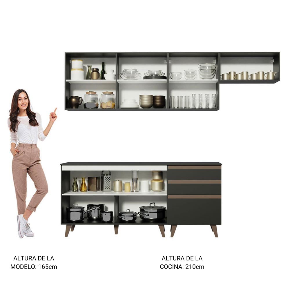 Cocina Integral Modular Reims Negro 250x210cm con Mesón de Madera Aglomerada Mdp sin Estufa con Tres Cajones y con Diez Entrepaños - COCINAS | Bylmo