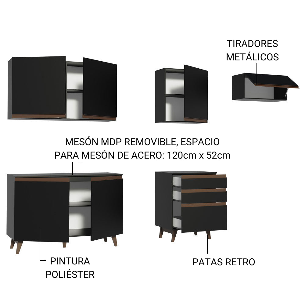 Cocina Integral Modular Reims Negro 250x210cm con Mesón de Madera Aglomerada Mdp sin Estufa con Tres Cajones y con Diez Entrepaños - COCINAS | Bylmo