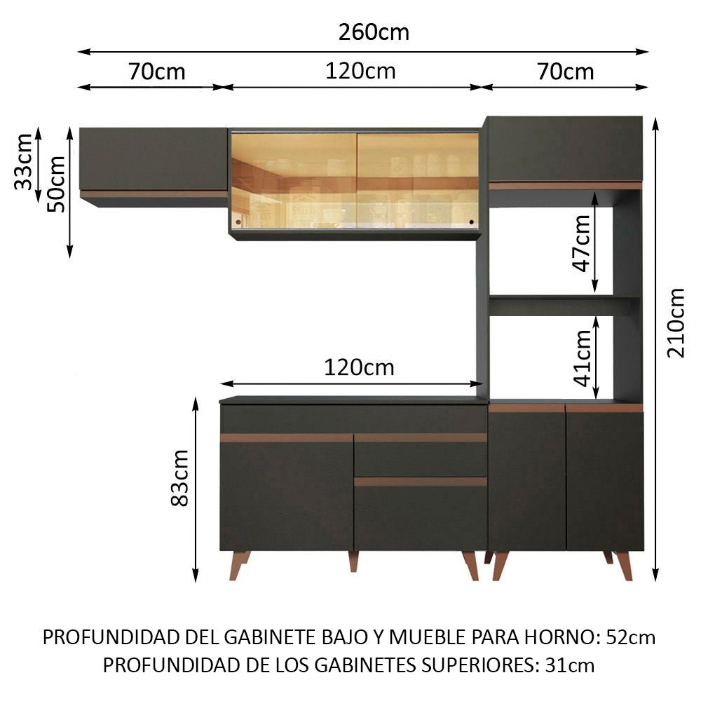 Cocina Integral Modular Reims Negro 260x210cm con Mesón de Madera Aglomerada Mdp sin Estufa con Un Cajón y con Doce Entrepaños - COCINAS | Bylmo