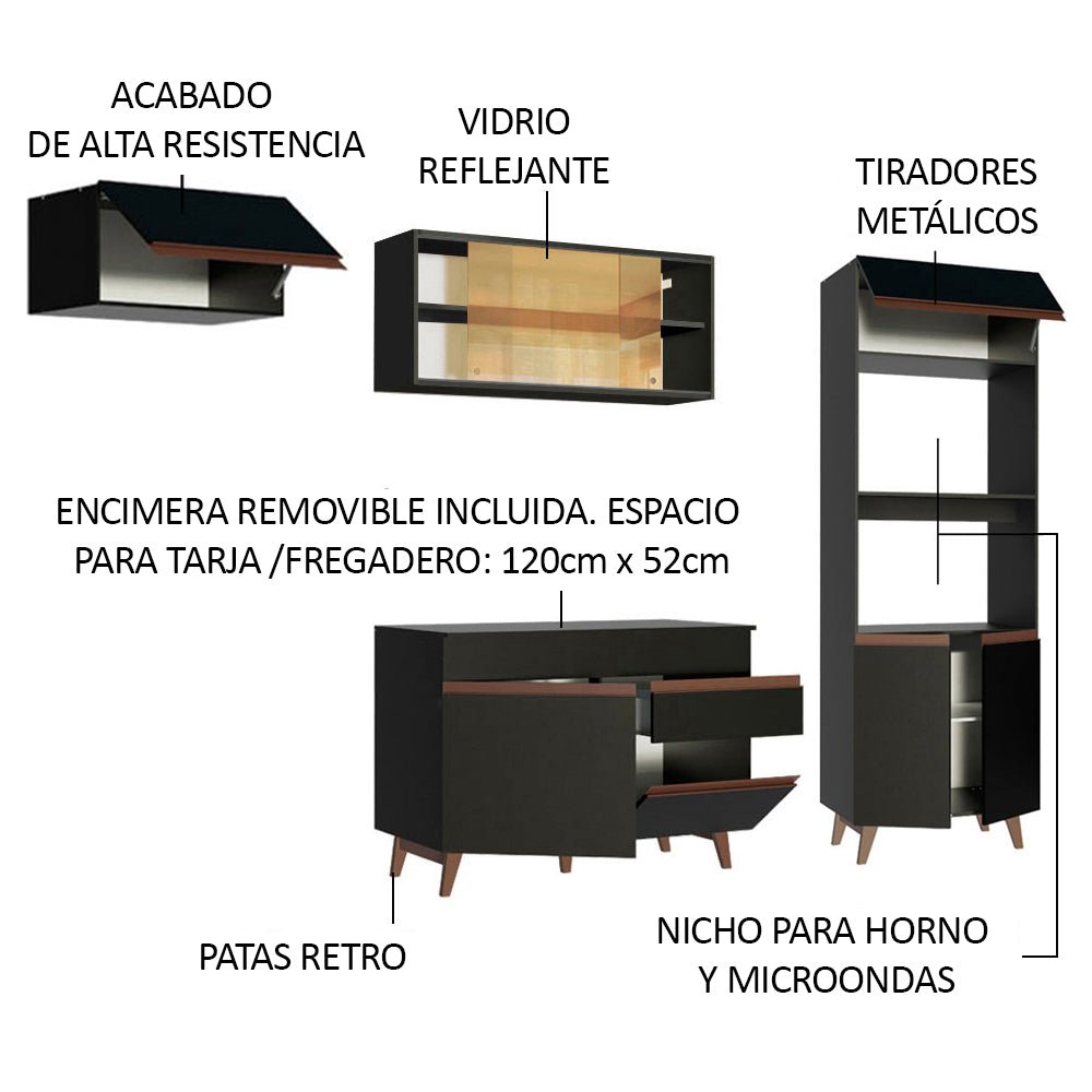 Cocina Integral Modular Reims Negro 260x210cm con Mesón de Madera Aglomerada Mdp sin Estufa con Un Cajón y con Doce Entrepaños - COCINAS | Bylmo