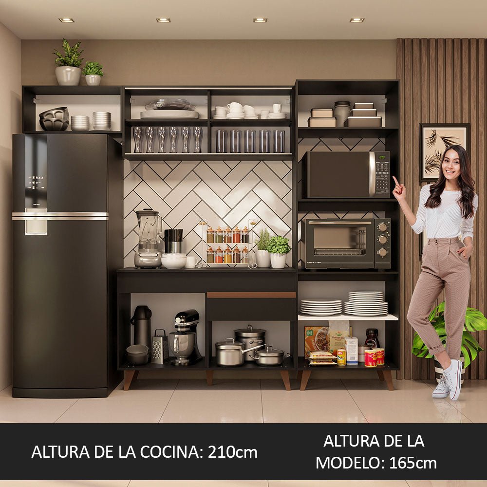 Cocina Integral Modular Reims Negro 260x210cm con Mesón de Madera Aglomerada Mdp sin Estufa con Un Cajón y con Doce Entrepaños - COCINAS | Bylmo