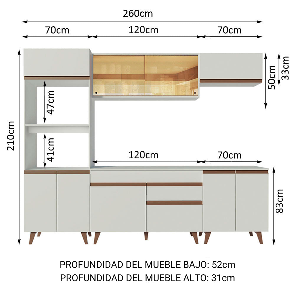 Cocina Integral Modular Reims Blanco 260x210cm con Mesón de Madera Aglomerada Mdp sin Estufa con Un Cajón y con Catorce Entrepaños - COCINAS | Bylmo