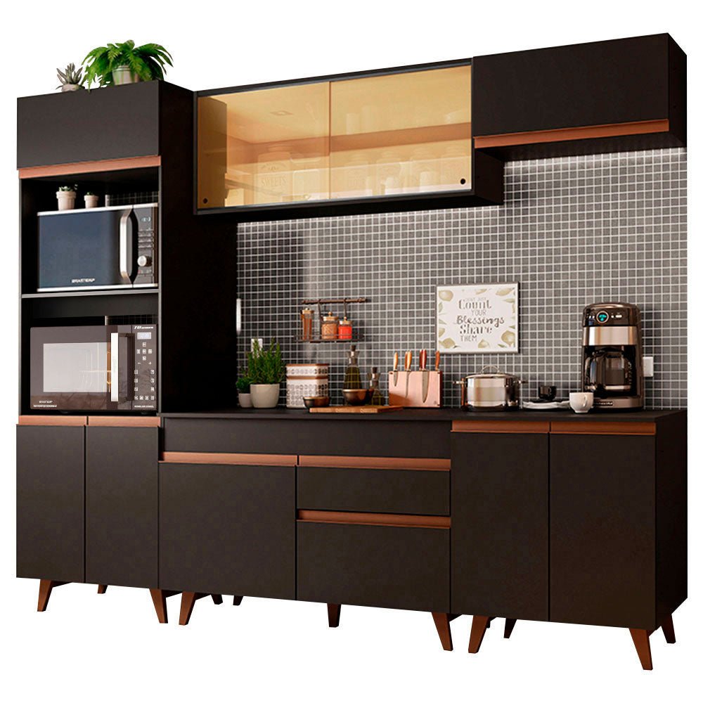 Cocina Integral Modular Reims Negro 260x210cm con Mesón de Madera Aglomerada Mdp sin Estufa con Un Cajón y con Catorce Entrepaños - COCINAS | Bylmo