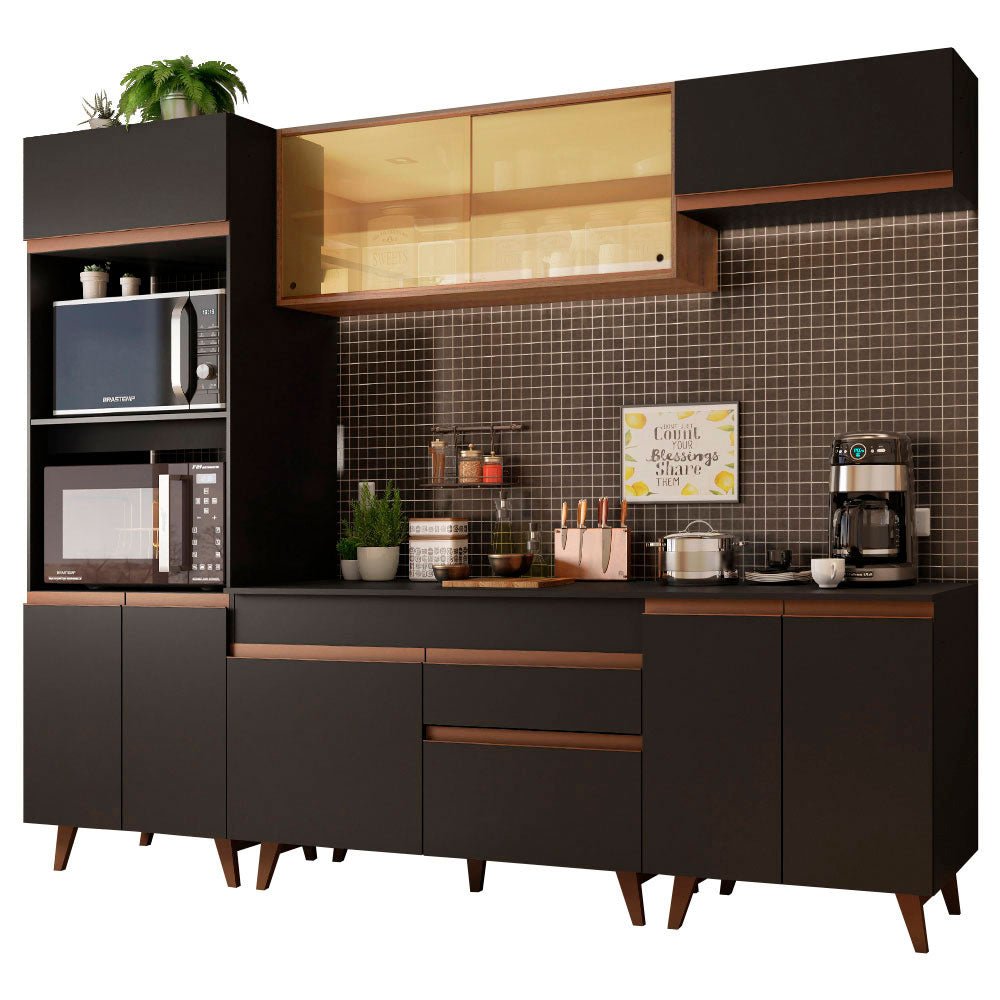 Cocina Integral Modular Reims Negro y Marron 260x210cm con Mesón de Madera Aglomerada Mdp sin Estufa con Un Cajón y con Catorce Entrepaños - COCINAS | Bylmo
