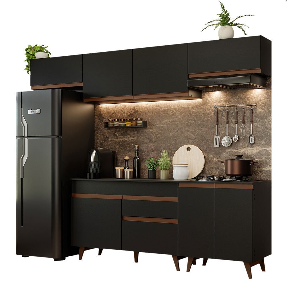 Cocina Integral Modular Reims Negro 260x210cm con Mesón de Madera Aglomerada Mdp sin Estufa con Un Cajón y con Diez Entrepaños - COCINAS | Bylmo