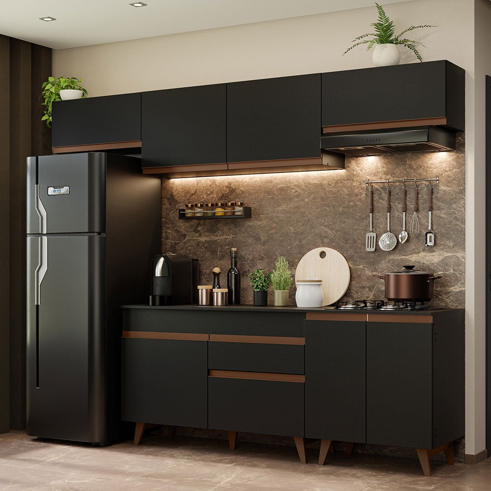 Cocina Integral Modular Reims Negro 260x210cm con Mesón de Madera Aglomerada Mdp sin Estufa con Un Cajón y con Diez Entrepaños - COCINAS | Bylmo