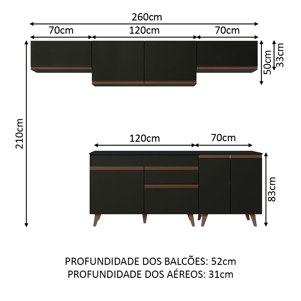 Cocina Integral Modular Reims Negro 260x210cm con Mesón de Madera Aglomerada Mdp sin Estufa con Un Cajón y con Diez Entrepaños - COCINAS | Bylmo