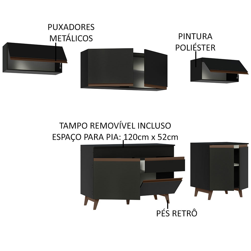 Cocina Integral Modular Reims Negro 260x210cm con Mesón de Madera Aglomerada Mdp sin Estufa con Un Cajón y con Diez Entrepaños - COCINAS | Bylmo