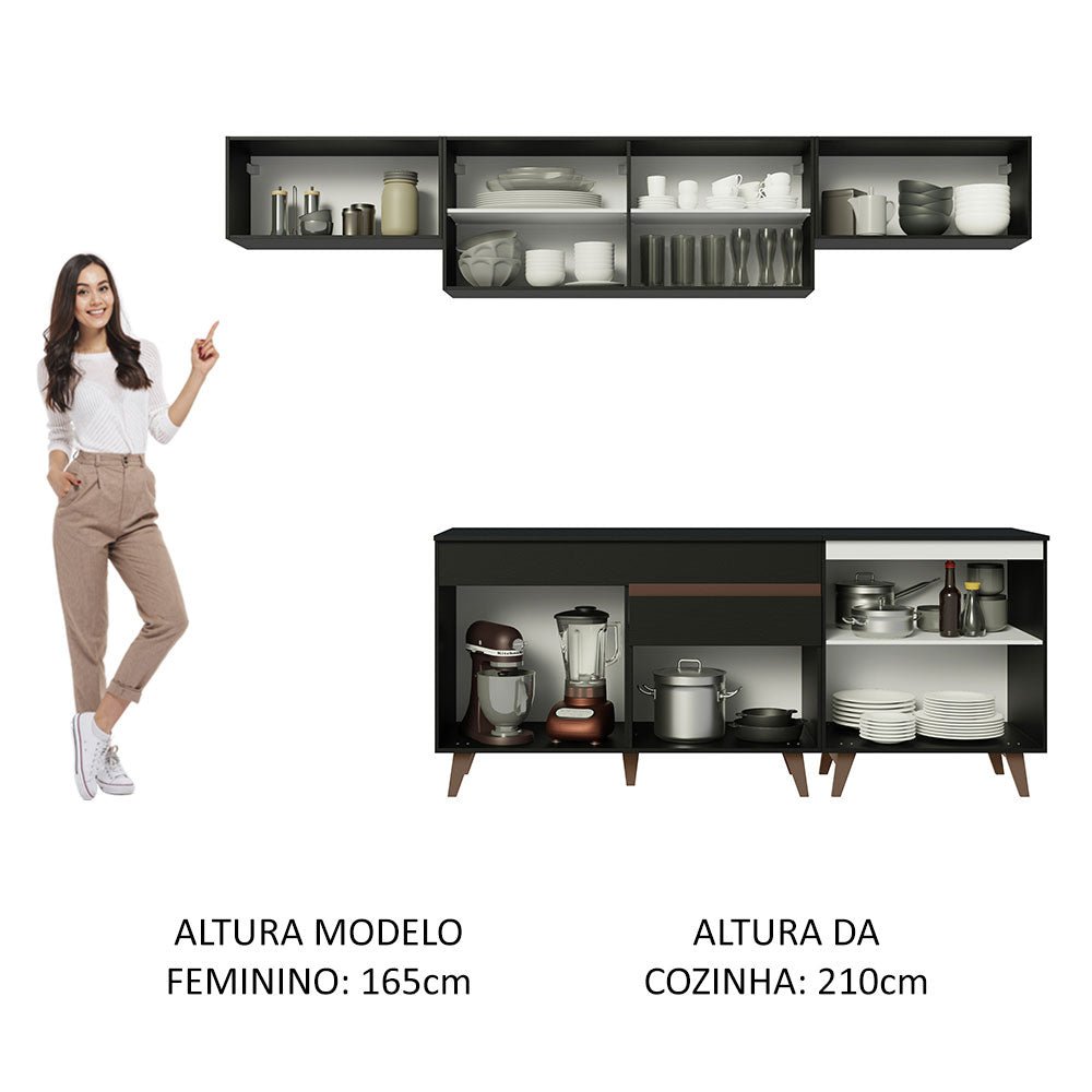 Cocina Integral Modular Reims Negro 260x210cm con Mesón de Madera Aglomerada Mdp sin Estufa con Un Cajón y con Diez Entrepaños - COCINAS | Bylmo