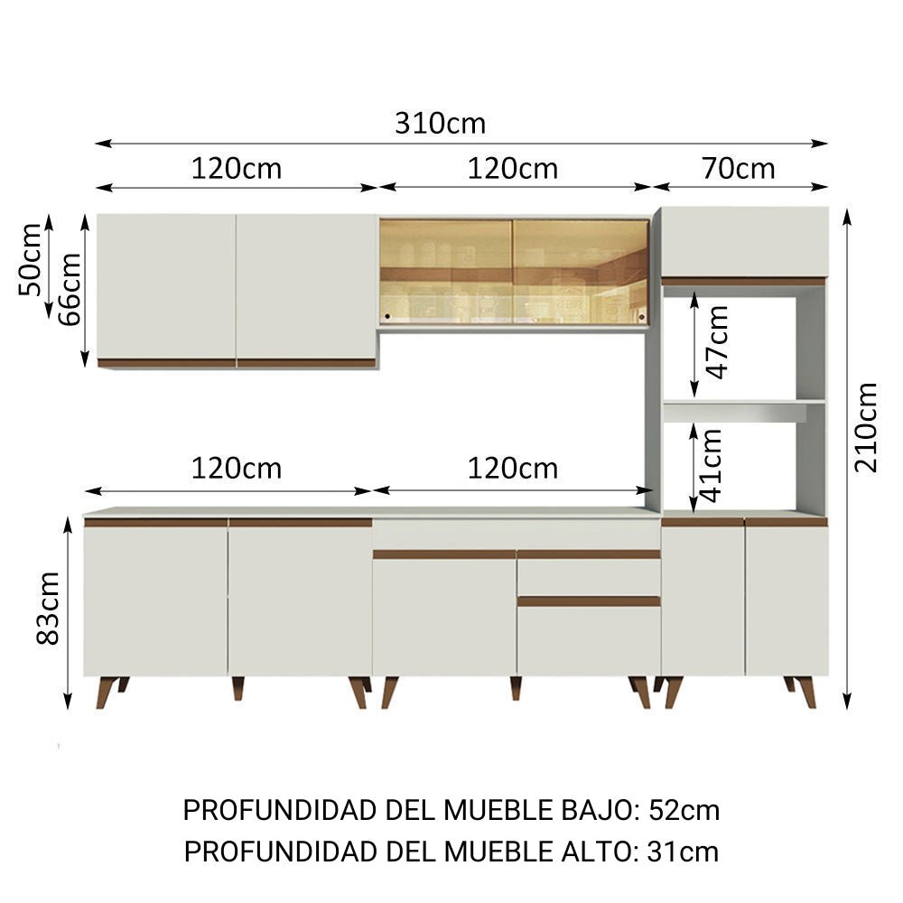 Cocina Integral Modular Reims Blanco 310x210cm con Mesón de Madera Aglomerada Mdp sin Estufa con Un Cajón y con Dieciocho Entrepaños - COCINAS | Bylmo
