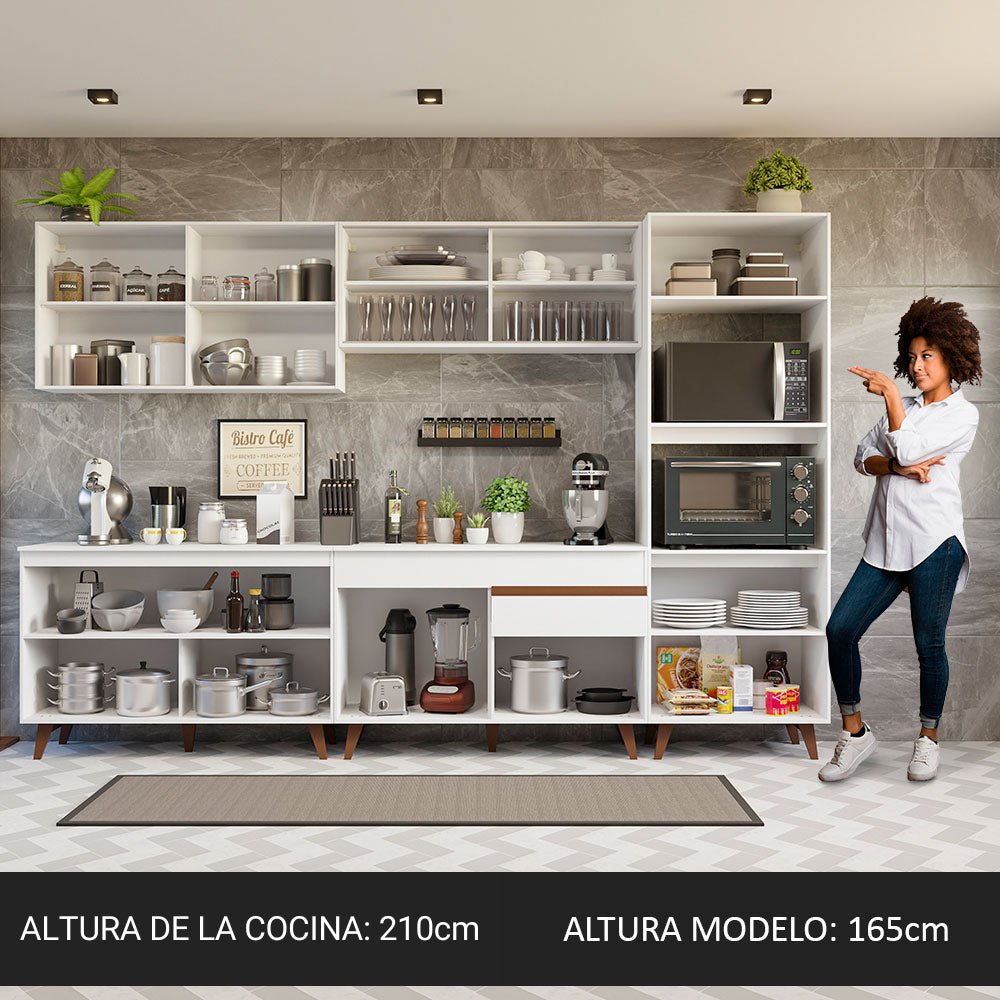 Cocina Integral Modular Reims Blanco 310x210cm con Mesón de Madera Aglomerada Mdp sin Estufa con Un Cajón y con Dieciocho Entrepaños - COCINAS | Bylmo