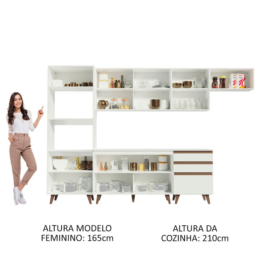 Cocina Integral Modular Reims Blanco 320x210cm con Mesón de Madera Aglomerada Mdp sin Estufa con Tres Cajones y con Quince Entrepaños - COCINAS | Bylmo