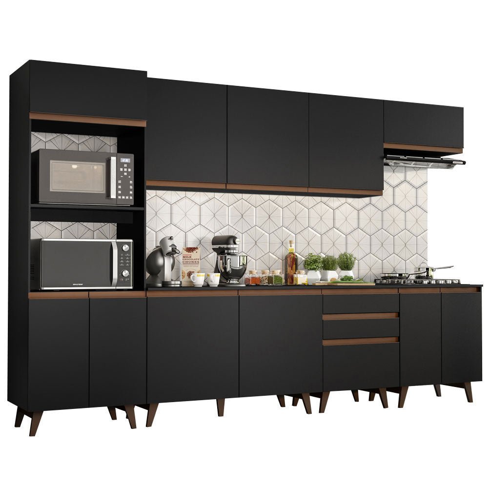 Cocina Integral Modular Reims Negro 320x210cm con Mesón de Madera Aglomerada Mdp sin Estufa con Tres Cajones y con Diecisiete Entrepaños - COCINAS | Bylmo