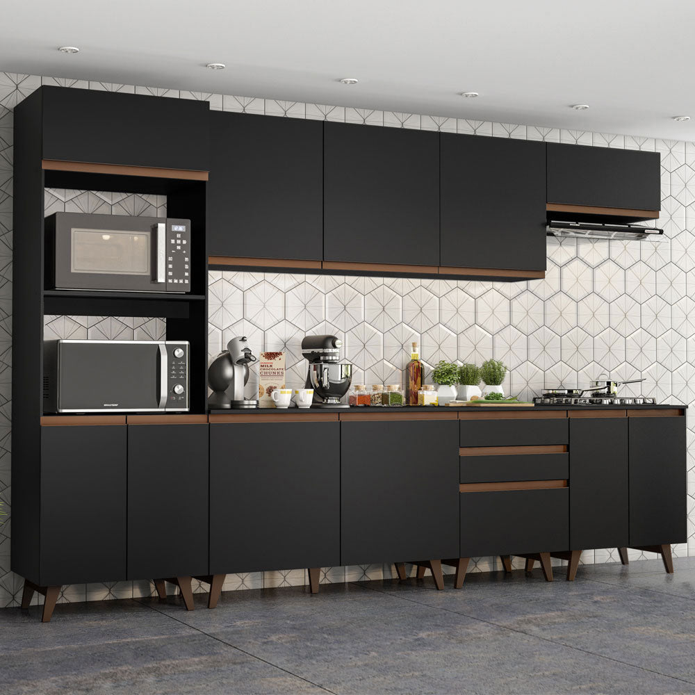 Cocina Integral Modular Reims Negro 320x210cm con Mesón de Madera Aglomerada Mdp sin Estufa con Tres Cajones y con Diecisiete Entrepaños - COCINAS | Bylmo
