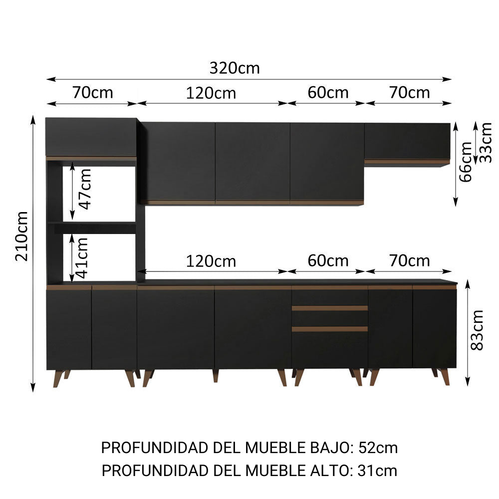 Cocina Integral Modular Reims Negro 320x210cm con Mesón de Madera Aglomerada Mdp sin Estufa con Tres Cajones y con Diecisiete Entrepaños - COCINAS | Bylmo