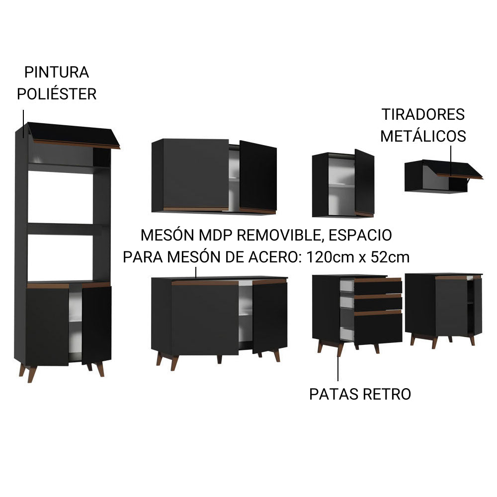 Cocina Integral Modular Reims Negro 320x210cm con Mesón de Madera Aglomerada Mdp sin Estufa con Tres Cajones y con Diecisiete Entrepaños - COCINAS | Bylmo