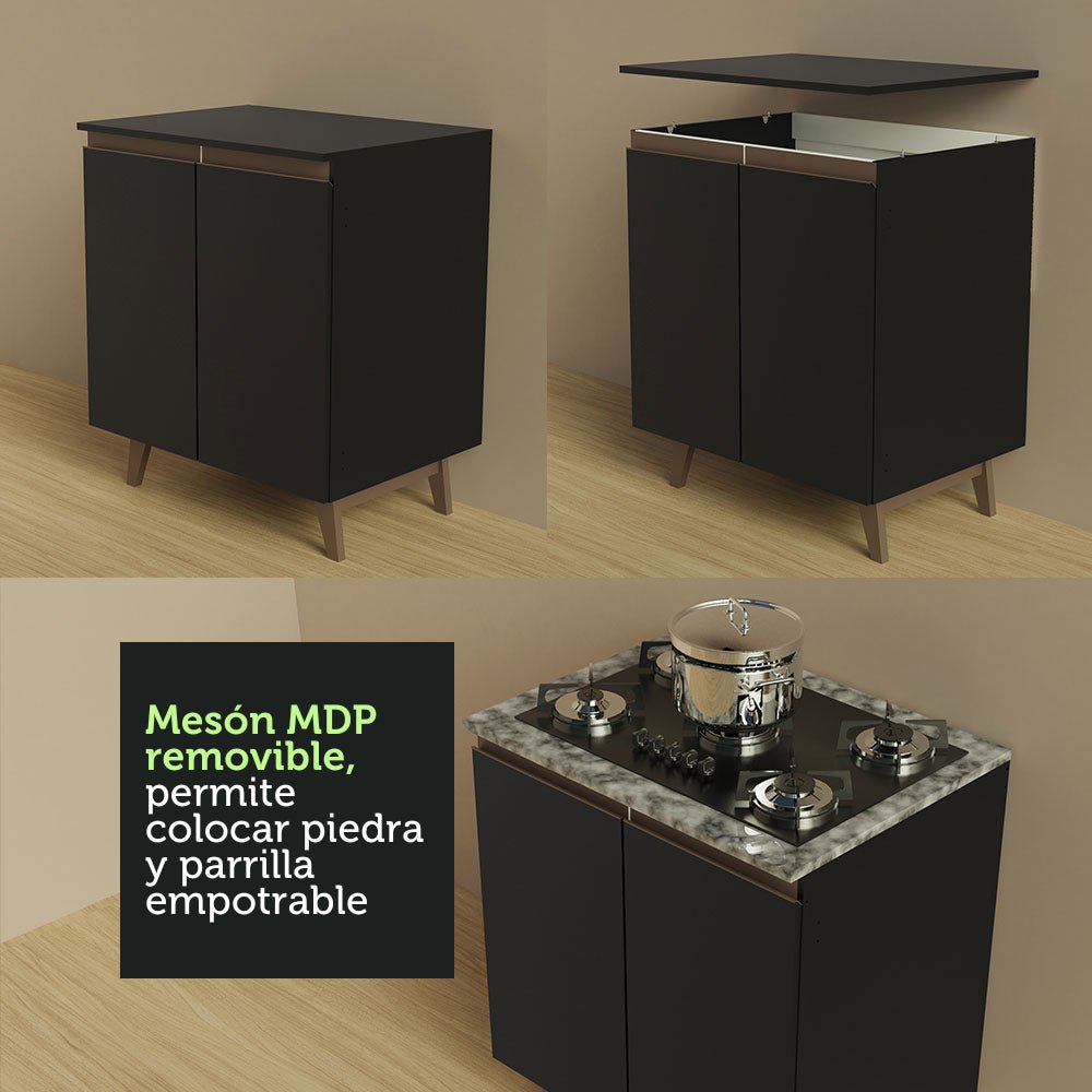 Cocina Integral Modular Reims Negro 320x210cm con Mesón de Madera Aglomerada Mdp sin Estufa con Tres Cajones y con Diecisiete Entrepaños - COCINAS | Bylmo