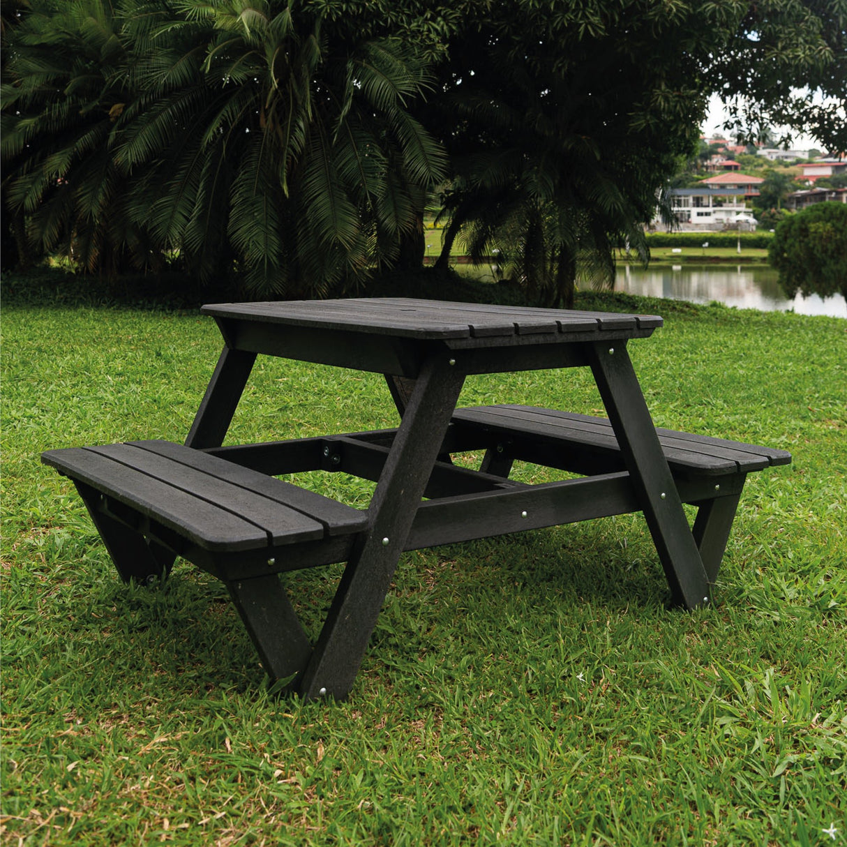 Mesa de Picnic Eucalipto Negro 120x75cm Rectangular de Cuatro Puestos con Dos Sillas - MESAS DE EXTERIOR | Bylmo