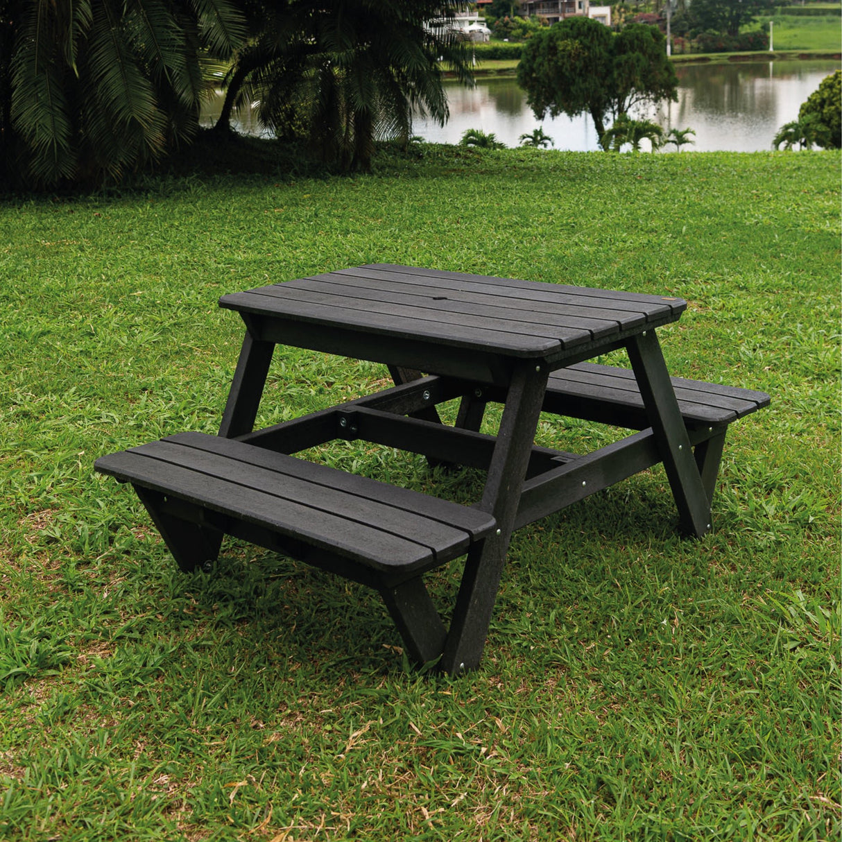Mesa de Picnic Eucalipto Negro 120x75cm Rectangular de Cuatro Puestos con Dos Sillas - MESAS DE EXTERIOR | Bylmo