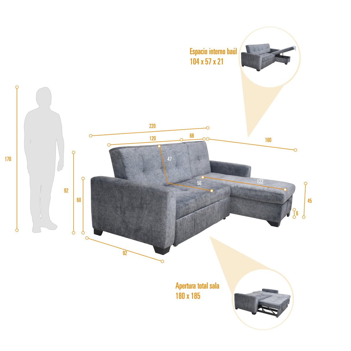 Sofá en L Atlas Gris 220x92cm De Tres Puestos Reclinable con Almacenamiento Izquierdo y con Apoya Brazos