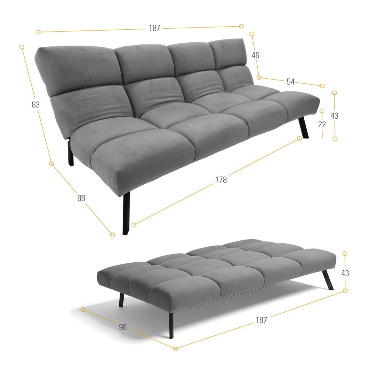 Sofá Cama Nivala Gris 187x83cm De Tres Puestos Reclinable y sin Apoya Brazos - SOFAS Y POLTRONAS | Bylmo