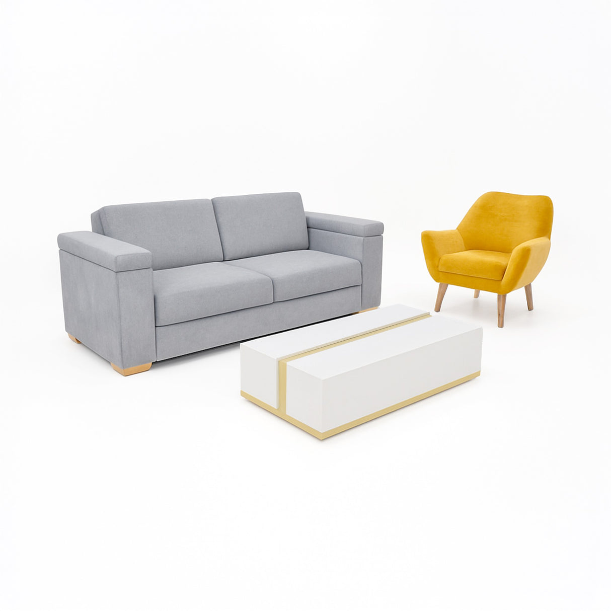 Sala Montenegro Plata y Mostaza 207x82cm con Sofacama Poltrona y Mesa de Centro - SOFAS Y POLTRONAS | Bylmo