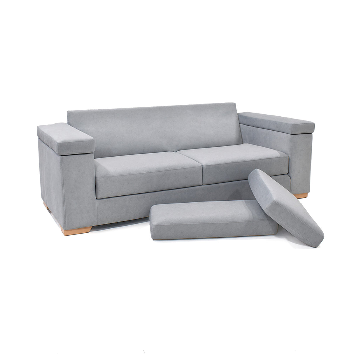 Sala Montenegro Plata y Mostaza 207x82cm con Sofacama Poltrona y Mesa de Centro - SOFAS Y POLTRONAS | Bylmo