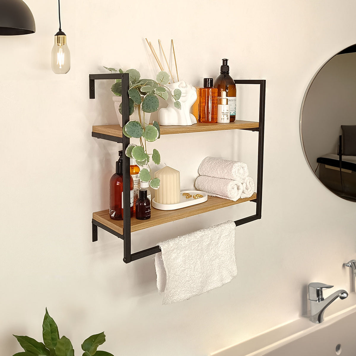 Repisa Biella Madera Natural y Negro 48x43cm con Dos Entrepaños