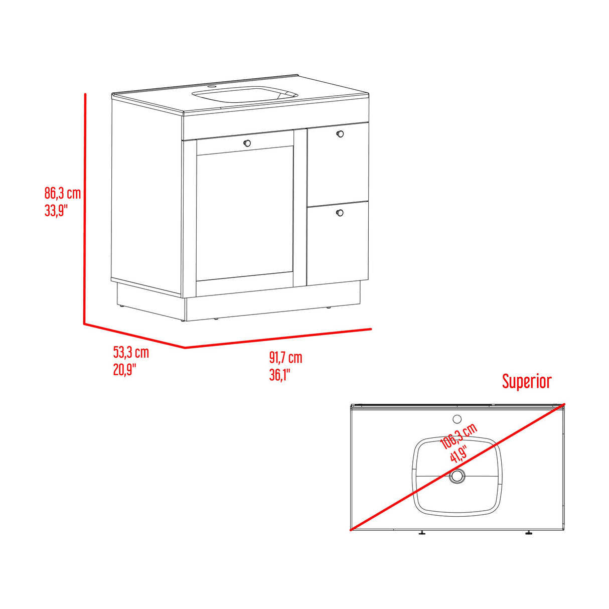 Mueble para Lavamanos Baluarte Blanco 91.7x86.3cm Individual con Lavamanos Empotrado y con Tres Puertas