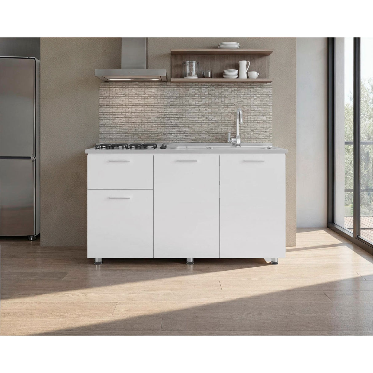 Mueble Inferior de Cocina Creta Blanco 150x88cm con Mesón de Acero Inoxidable Lado Izquierdo y con Estufa - MUEBLES INFERIORES DE COCINA | Bylmo