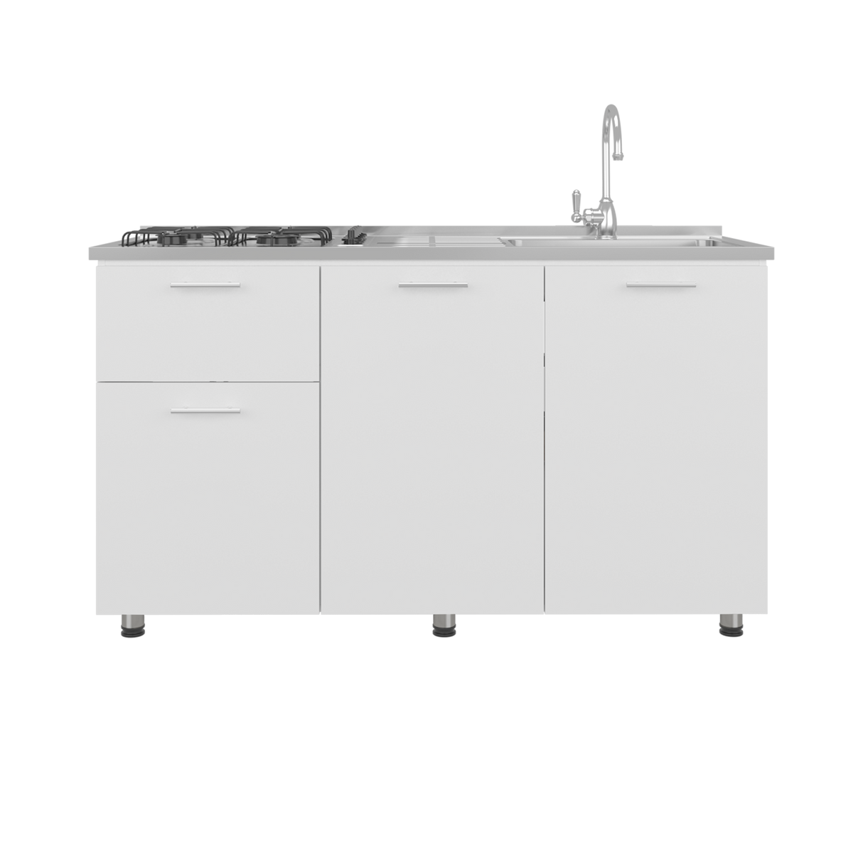 Mueble Inferior de Cocina Creta Blanco 150x88cm con Mesón de Acero Inoxidable Lado Izquierdo y con Estufa - MUEBLES INFERIORES DE COCINA | Bylmo